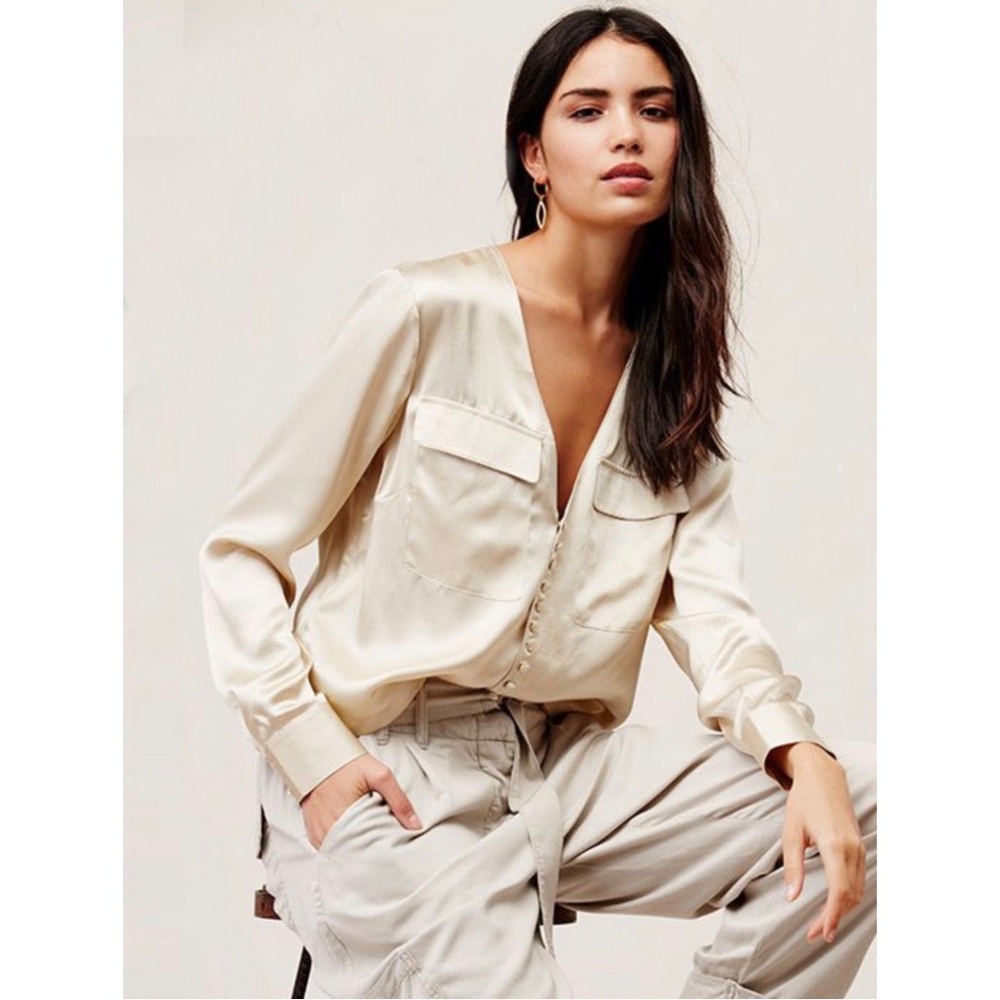 Free People Silk Cream Button Down Blouse Open Back Chest Pockets L